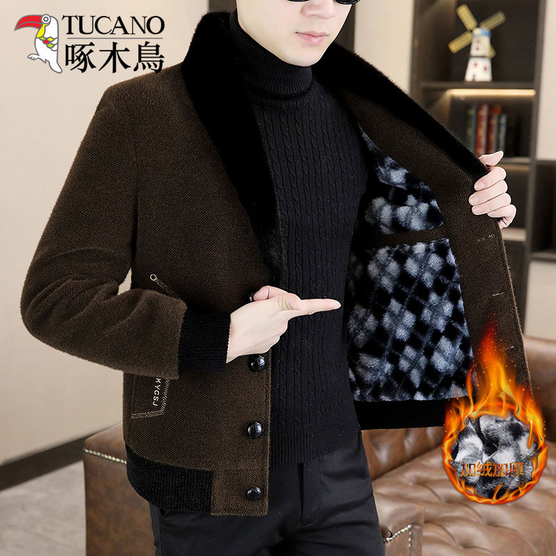 啄木鸟男士商务休闲毛领毛呢大衣冬季加绒中青年保暖外套防寒服潮