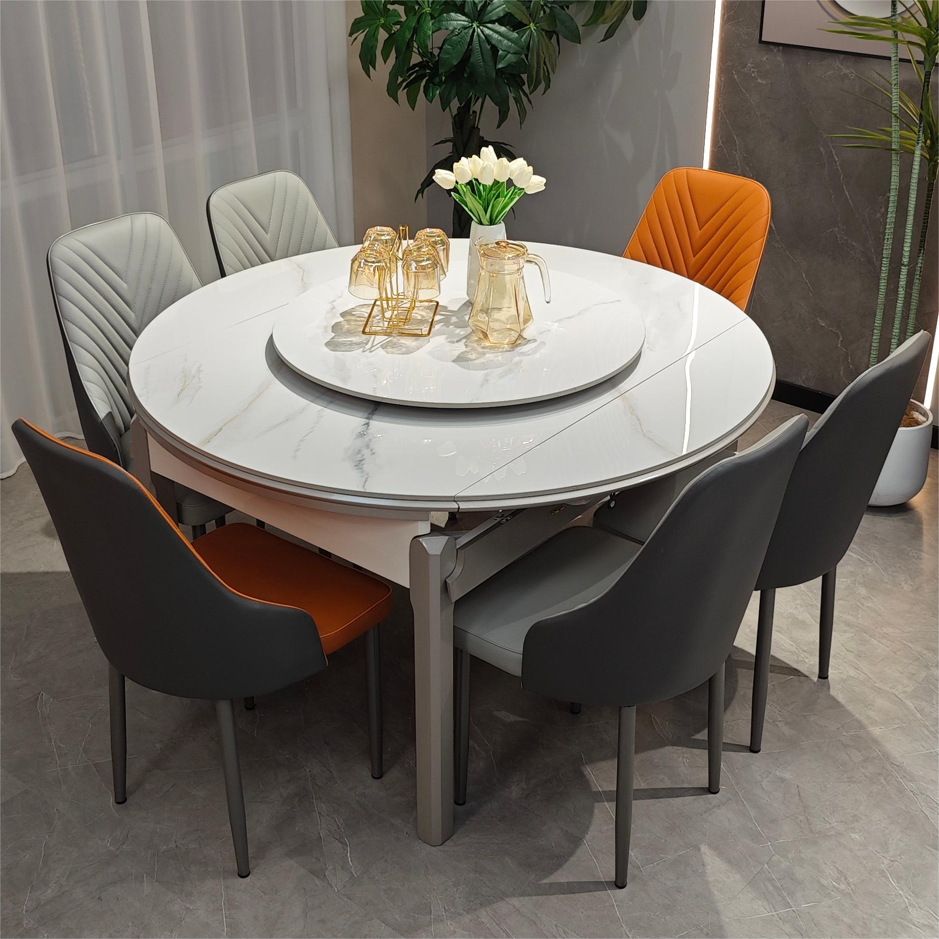 新中式高端金属烤漆岩板餐桌多功能方圆两用可伸缩客厅餐桌椅组合