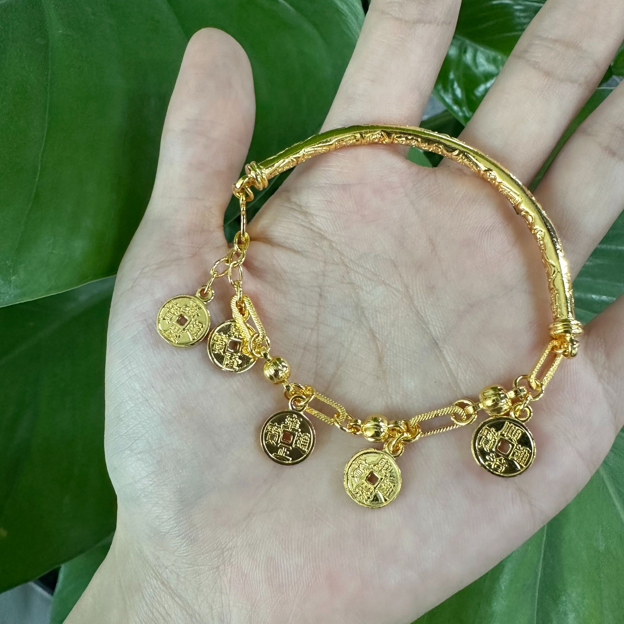 足银手镯 足银999财神财宝铜钱半镯手链弯管转运珠可调节手链