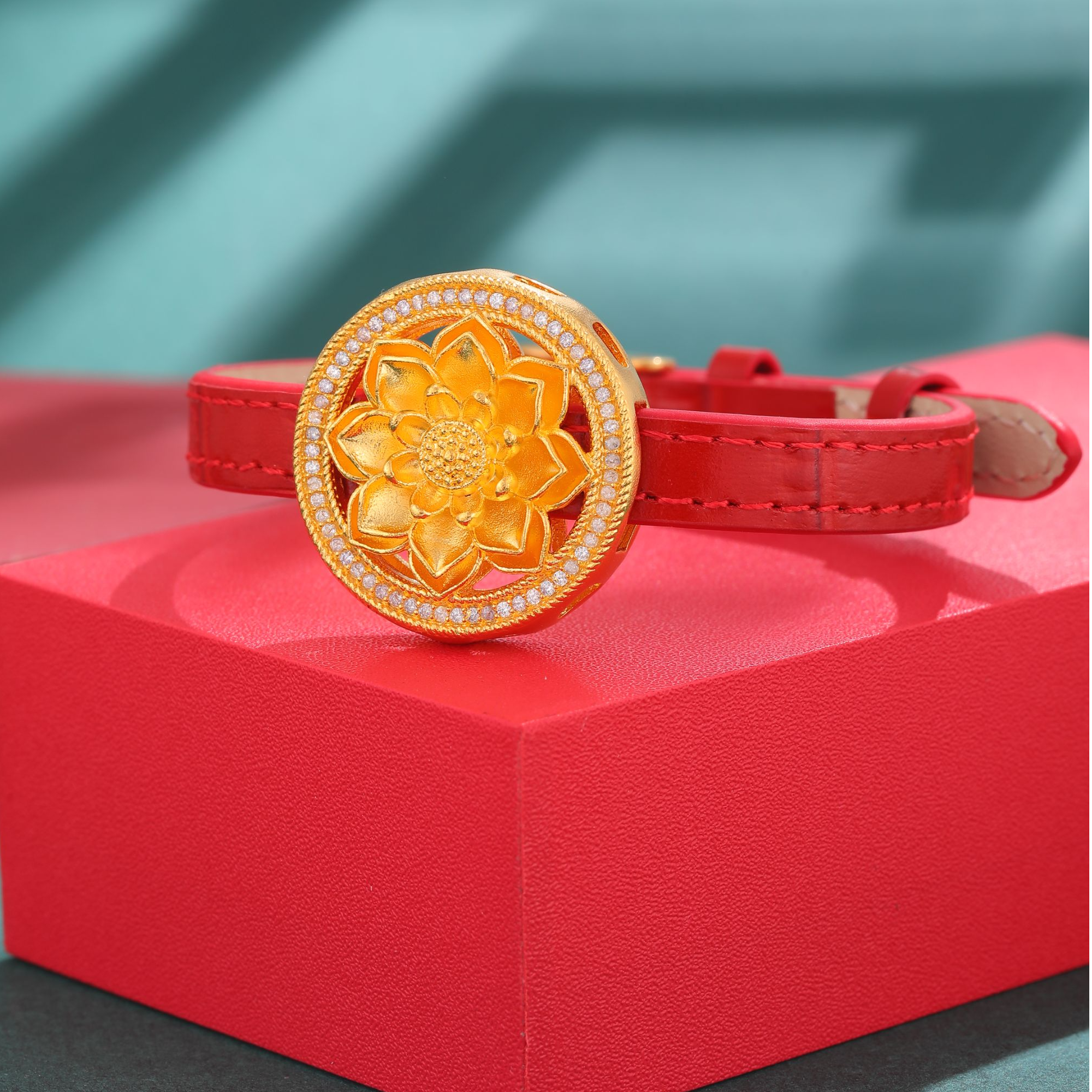 足银银制品 银包了金如意荷花手牌点钻镶嵌荷花圆盘国潮风女手工