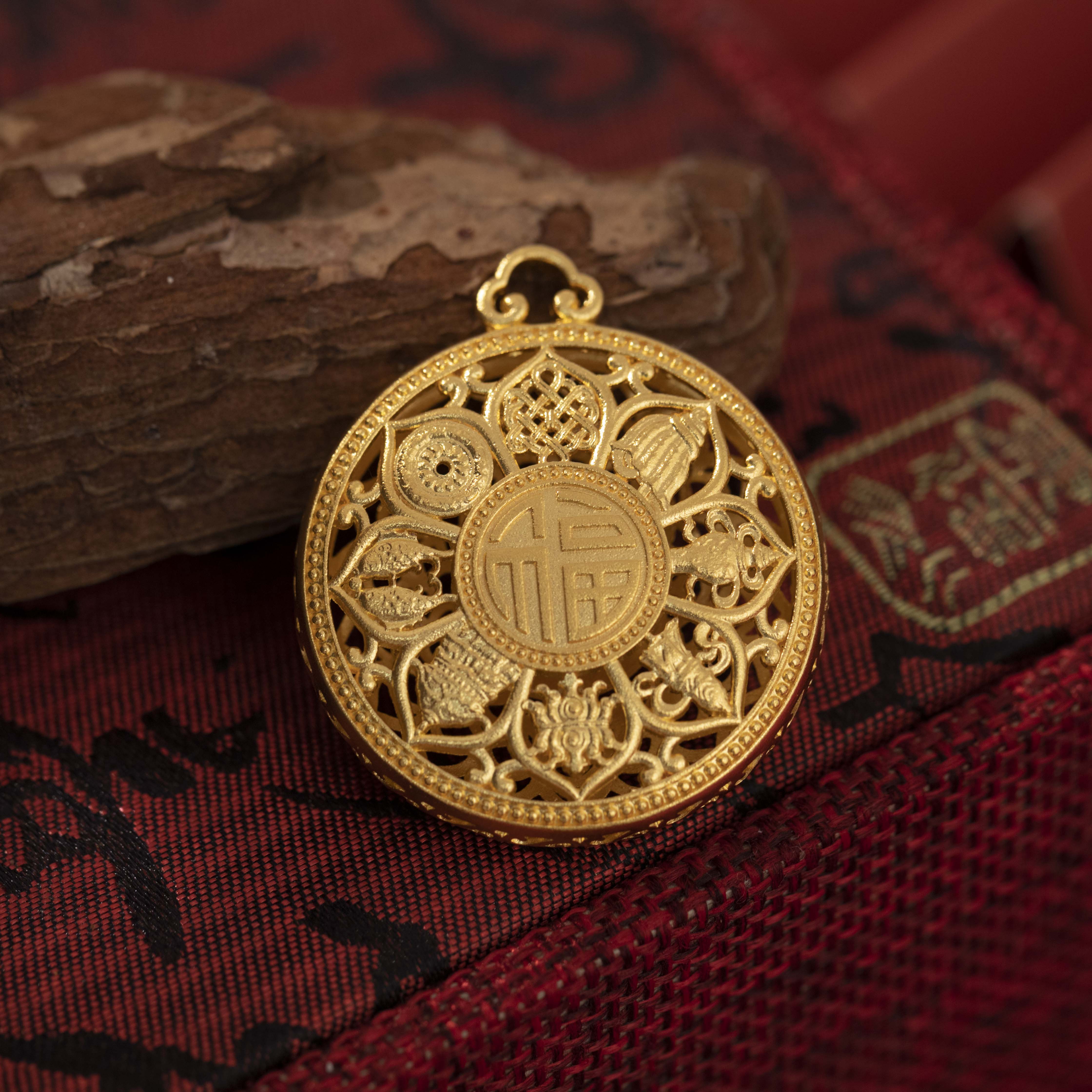 吊坠足银 银包了金八宝罗盘吊坠项链男女福字古法转运莲花挂坠