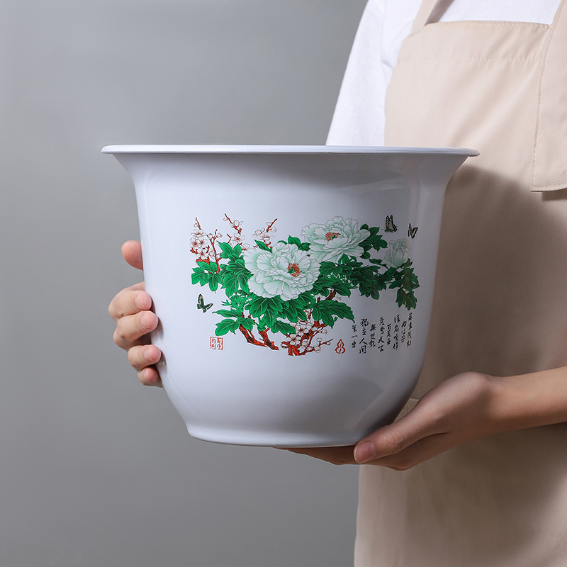 【拍1发5】23cm口径国风仿陶瓷花盆树脂白色牡丹加仑加厚多肉花盆