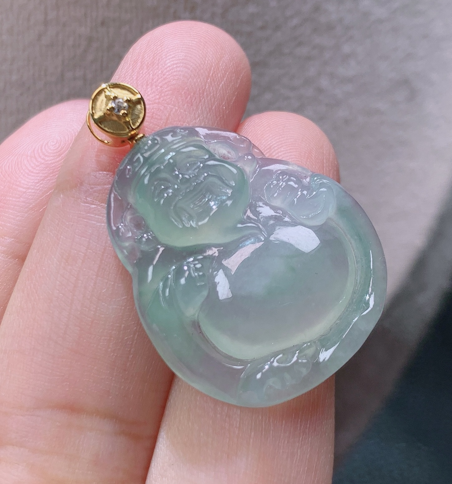 缅甸翡翠A货老坑18k金扣冰种晴绿财神爷吊坠33.6^27*24*5.2