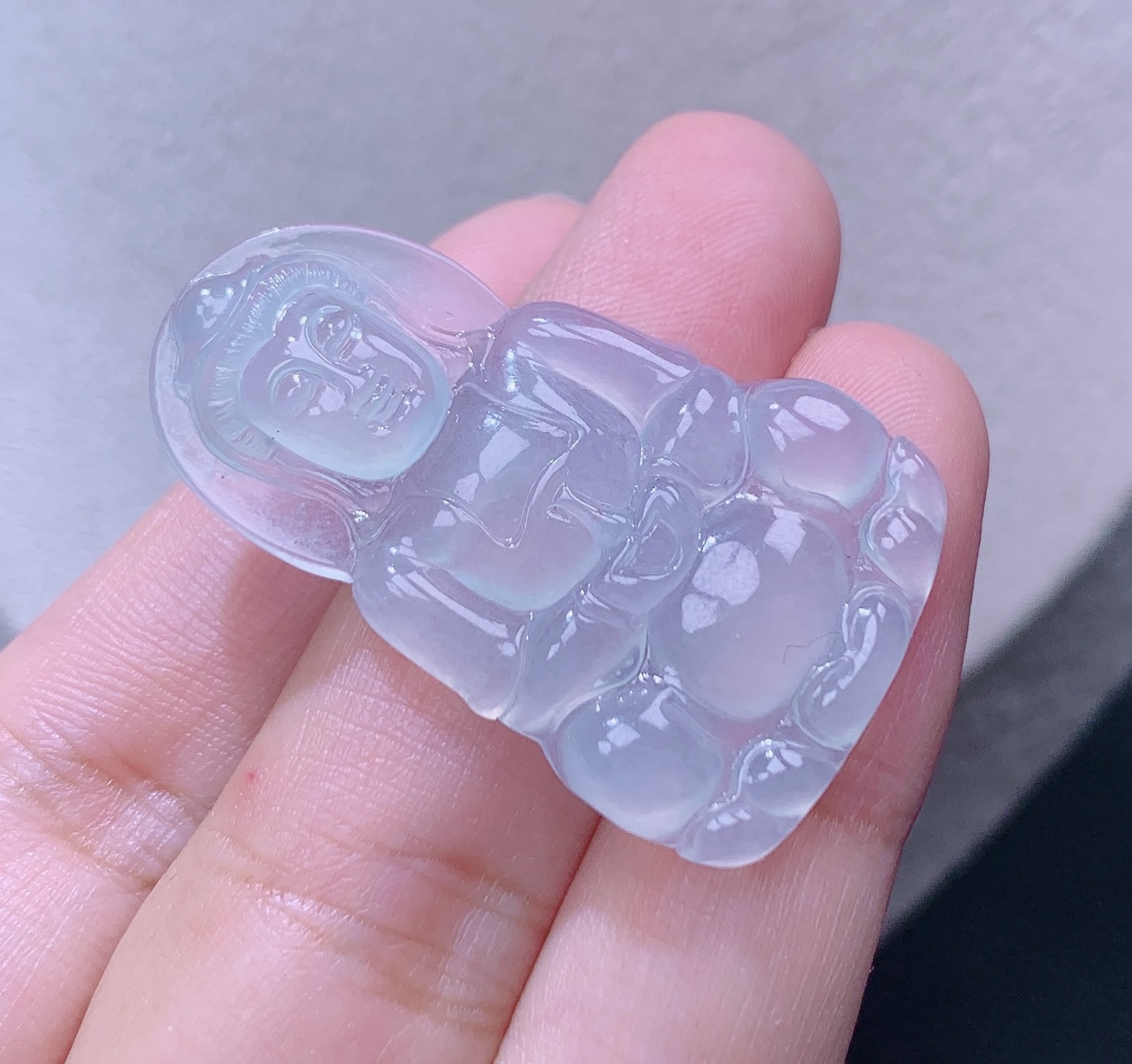 缅甸翡翠A货老坑高冰纯白起光正装观音扣吊坠挂件揭阳39*23.6*4