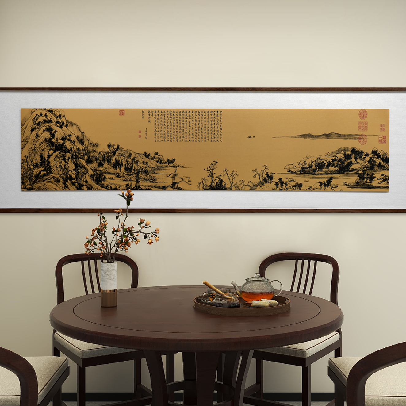 释同《富春山居图》横款铜雕画装饰挂画新中式客厅沙发餐厅实木挂画