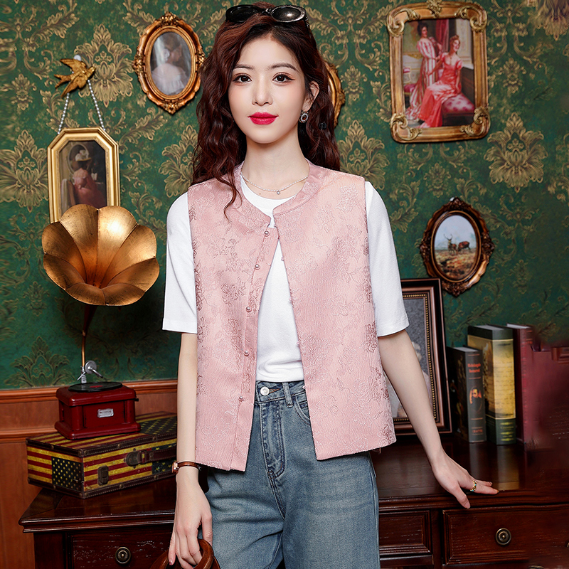 提花圆领休闲优雅风春秋新中式国风复古马甲拼接马夹气质国风马甲