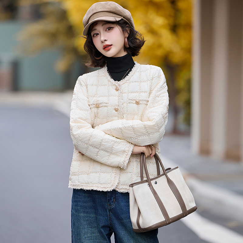 小香风外套女2025秋冬新款气质亮丝夹棉上衣圆领棉服高级感短棉衣