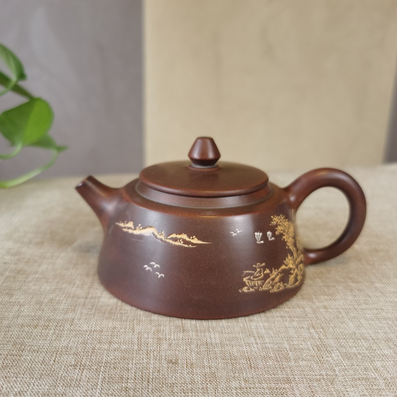 钦州坭兴陶霸王茶壶刻花线刻陶瓷茶具揽众山泡茶壶180cc小容量
