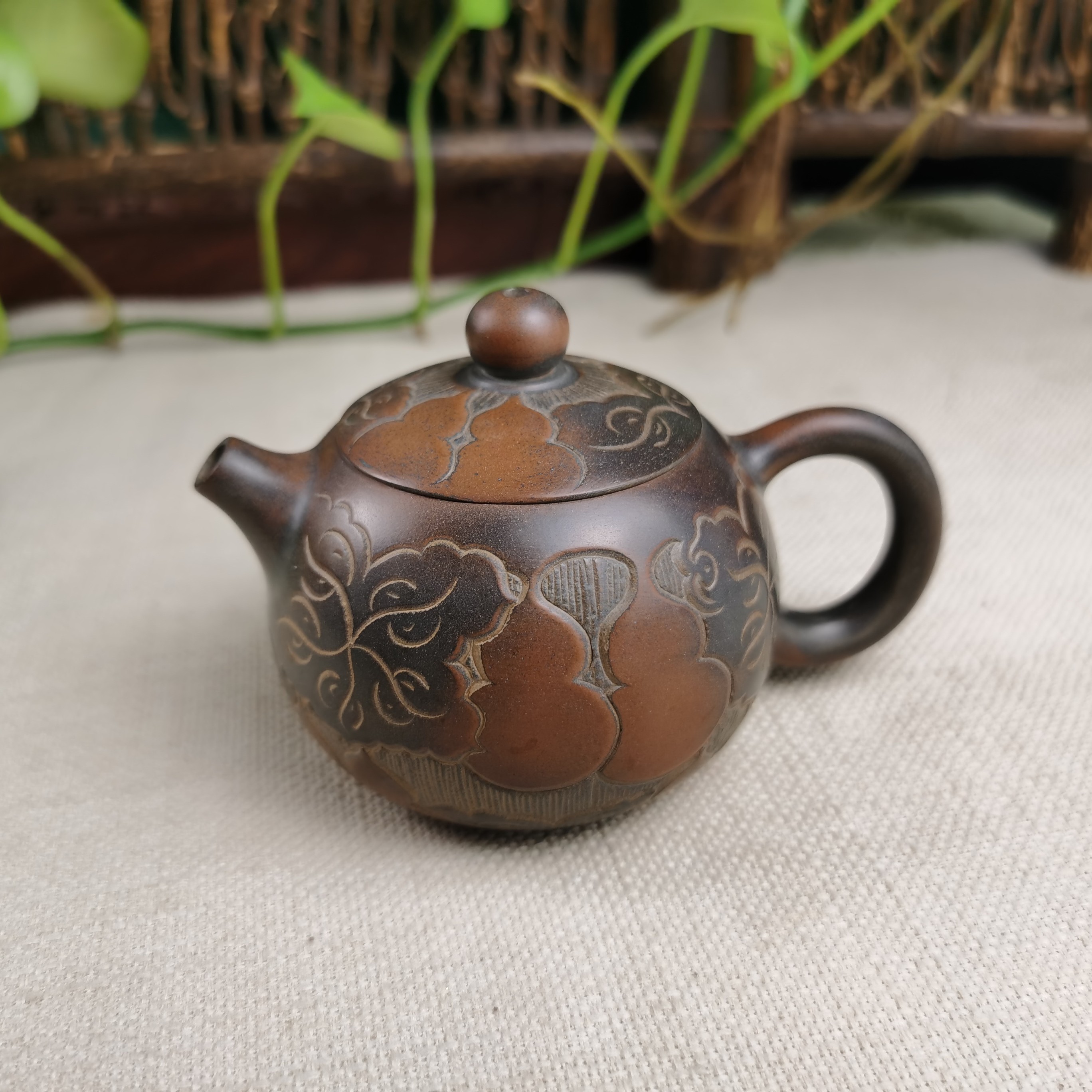 钦州坭兴陶西施壶120毫升 满雕浮雕葫芦双色窑变陶瓷茶具小容量