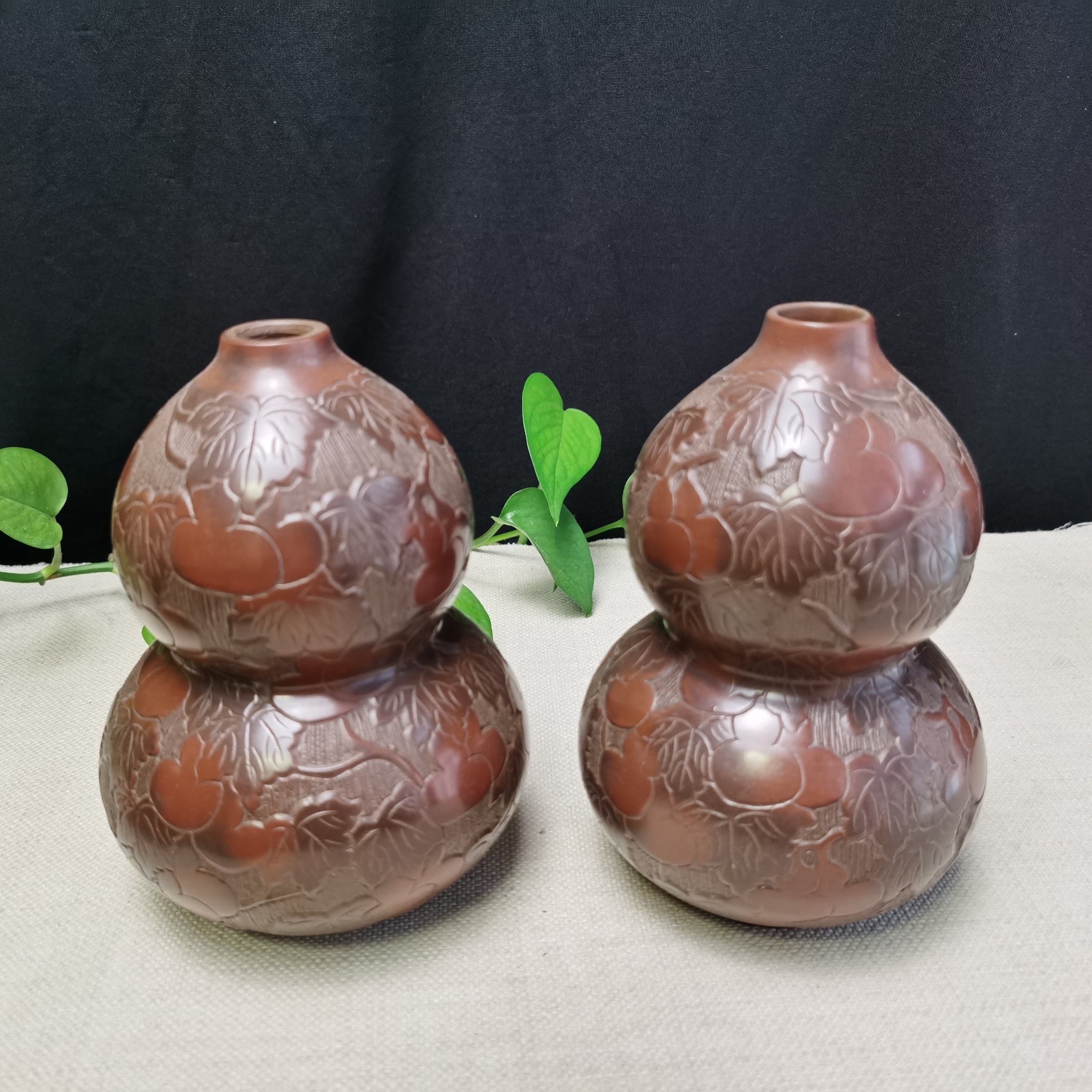 满雕浮雕葫芦摆件一对福禄钦州坭兴陶手把件花瓶缺角补角陶瓷禅意