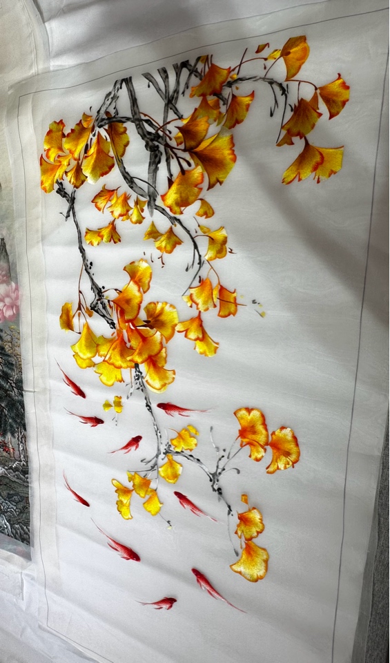 50✖️100银杏九鱼纯手工刺绣绣片未装裱