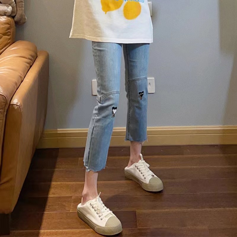 孕妇牛仔裤子小个子春夏季新款外穿九分毛边星星款托腹裤子8323