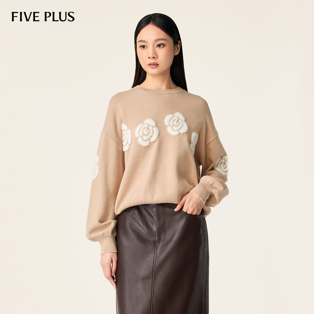 【商场同款】FIVE PLUS针织衫灯笼袖软糯毛衣套头衫毛绒花朵