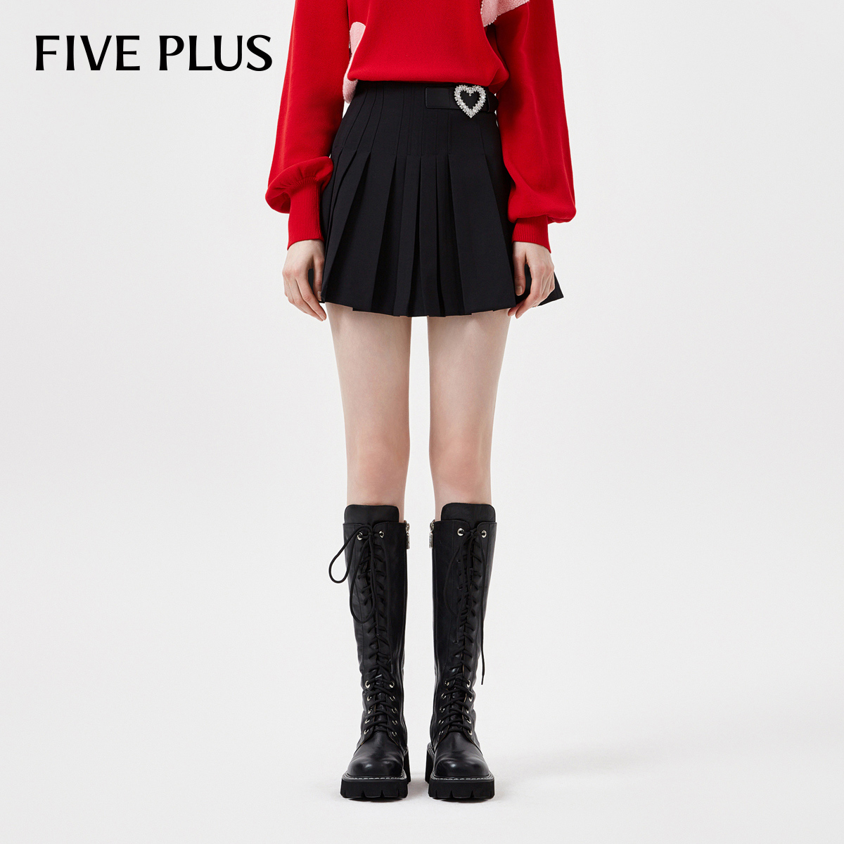 FIVE PLUS早春半身裙女A字高腰气质薄荷曼波百褶裙短裙2TN3073480