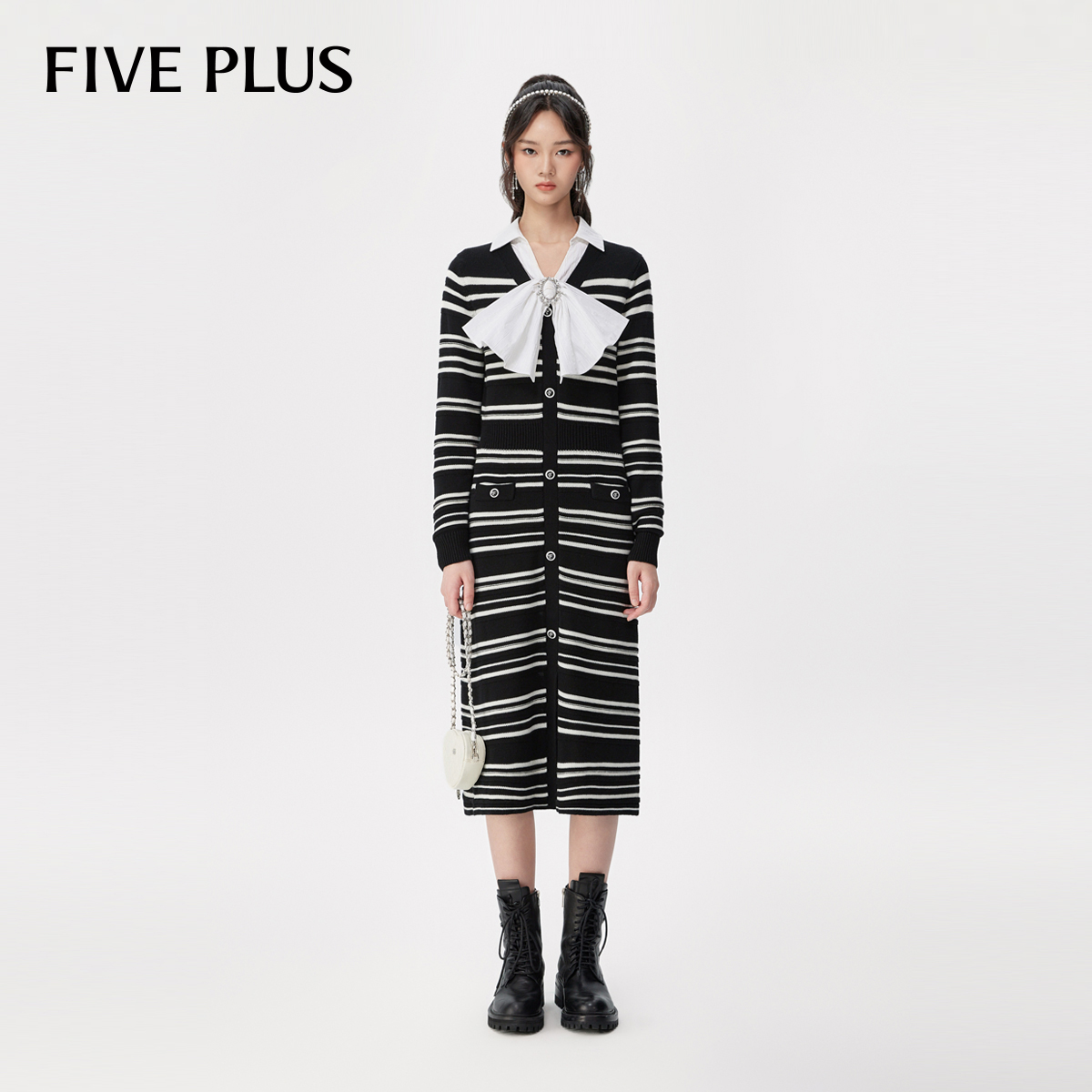 【商场同款】FIVE PLUS小香风气质复古条纹绵羊毛连衣裙针织2TE308