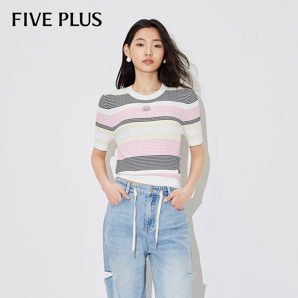 FIVE PLUS夏装针织衫女上衣短袖条纹套头圆领字母气质2LE2032960