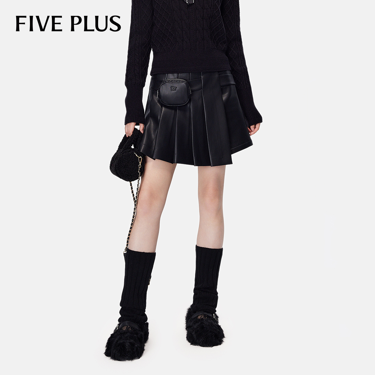 FIVEPLUS休闲裤PU皮百褶裙裤甜酷风高腰A字2TN4063100