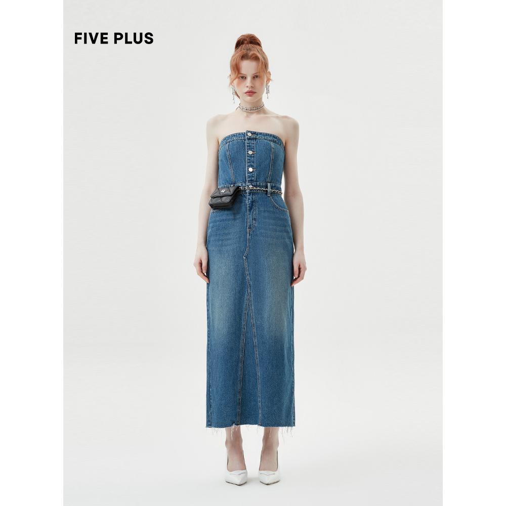 FIVEPLUS2023女夏装露肩修身牛仔连衣裙女开叉抹胸长裙2TE2081270