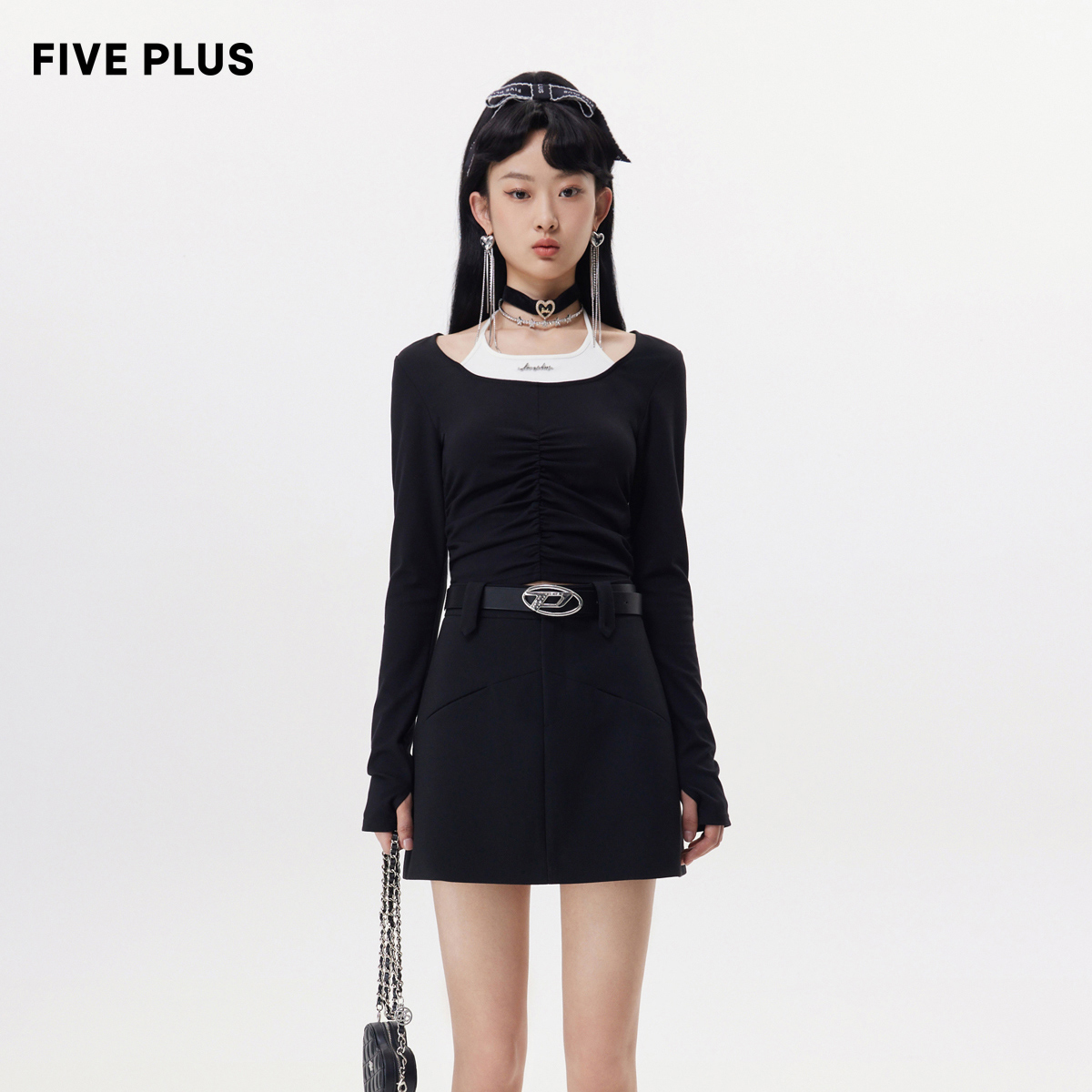 FIVE PLUS秋装假两件长袖T恤女修身气质打底套头衫拼接2TN3022160