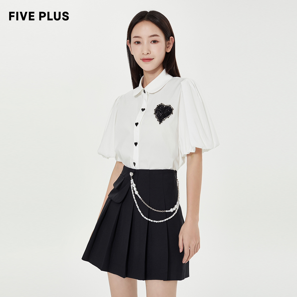FIVE PLUS不对称高腰百褶裙女A字减龄短裙子半身裙2WN3072330