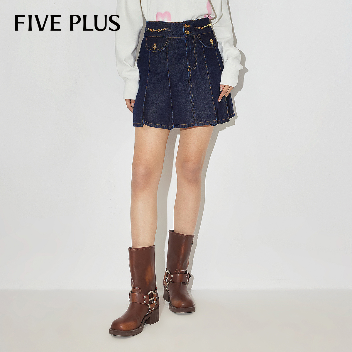 FIVE PLUS秋季原色牛仔半身裙女短裙设计感百褶半身裙2LN1072150