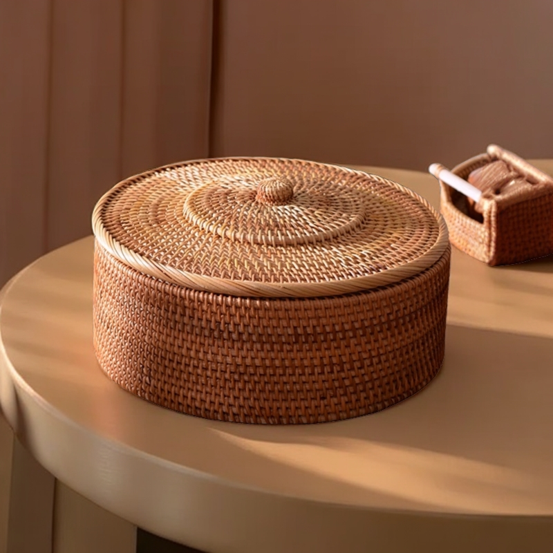 越南秋藤手工编织藤编收纳篮带盖馒头筐植物真藤坚果收纳盒水果篮