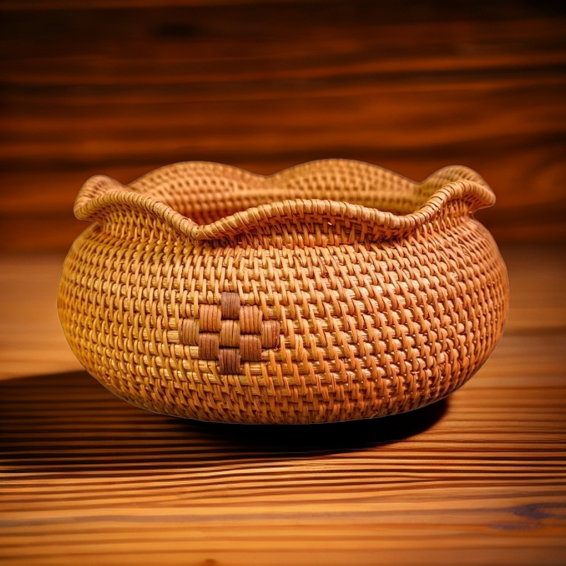 越南秋藤水果篮收纳筐圆边果盘果蔬筐茶几茶点收纳筐手工编织藤篮