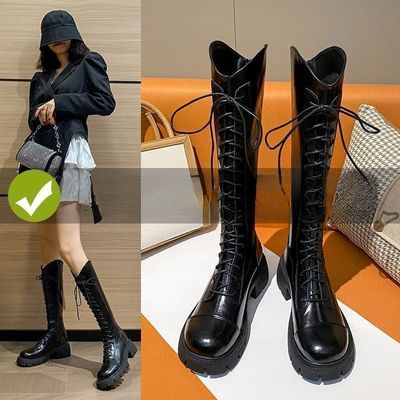 粗跟长靴女秋冬新款厚底增高骑士靴系带高筒不过膝靴马丁靴显瘦