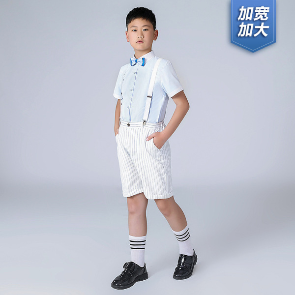 胖童礼服春夏新款加肥加大短袖背带裤两件套胖版条纹马甲英伦男孩