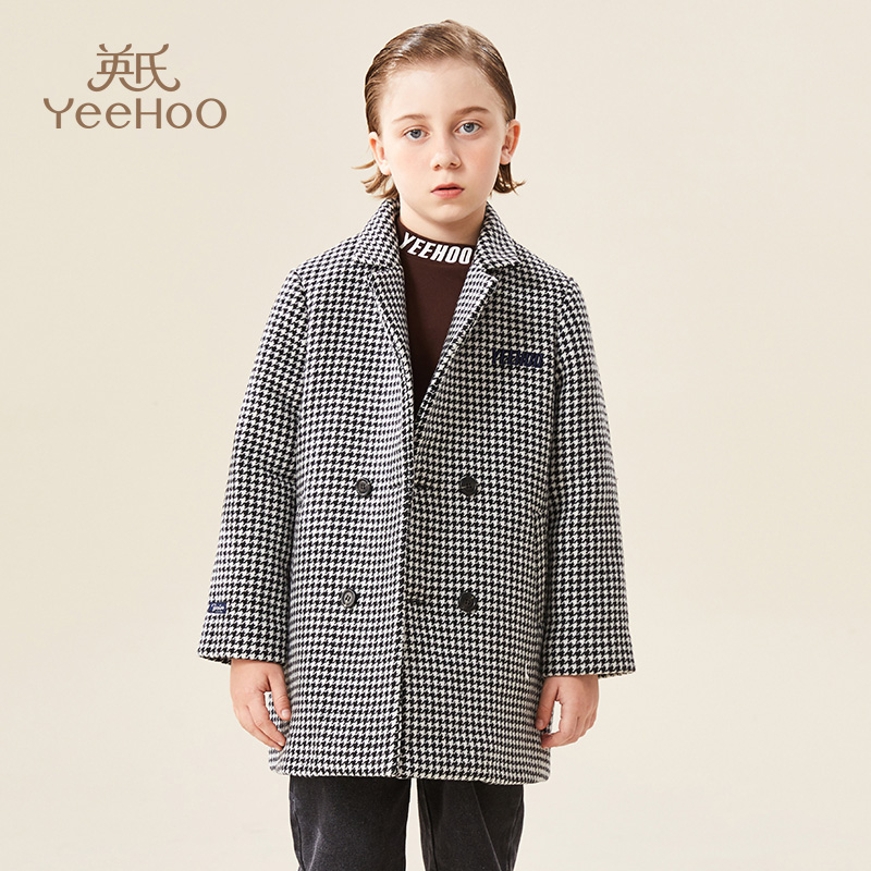 英氏男童【应季破价】呢子大衣绵羊毛中大童千鸟格外套儿童上衣