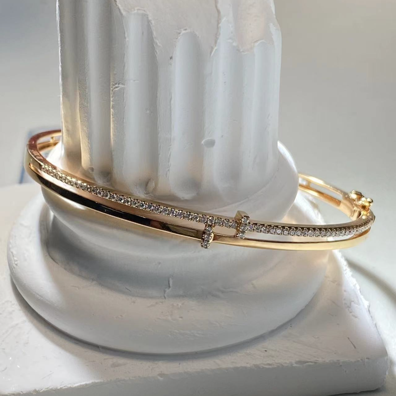 18K金钻石手镯AU750镶嵌钻石气质轻奢时尚百搭简约个性双层素款