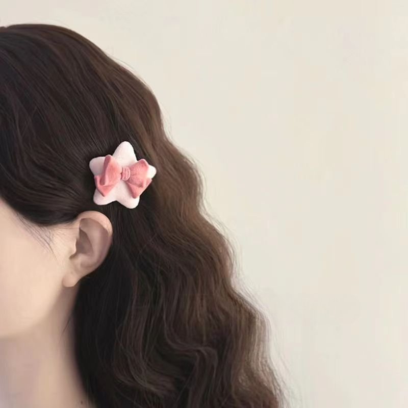 吃可爱多长大 毛茸茸粉色蝴蝶结星星海绵发夹 小众少女感刘海边夹