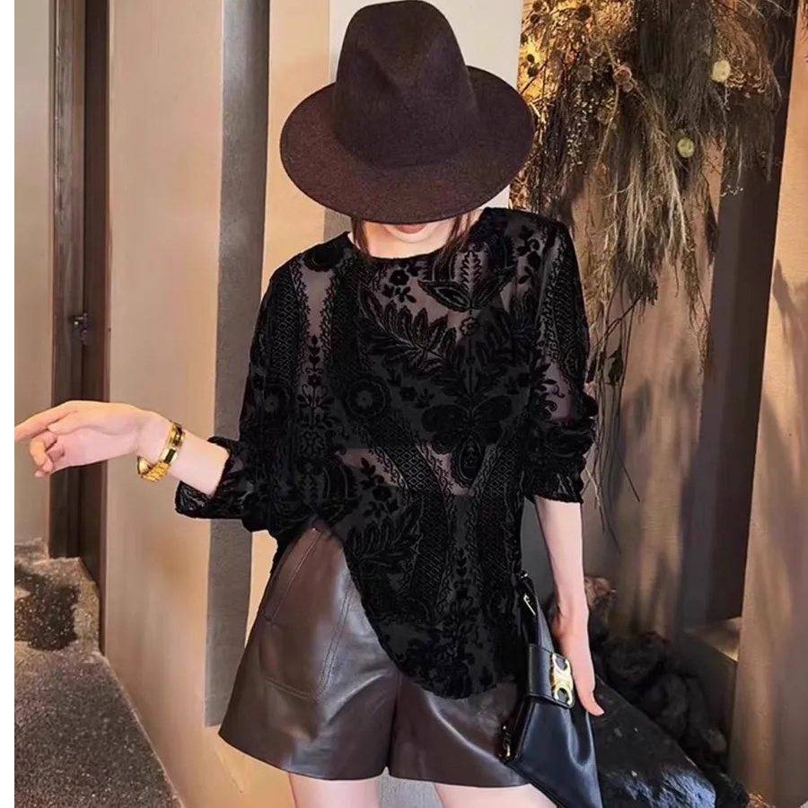 8851植绒新款龙纹圆领欧货春秋款打底衫女气质小众高级感丝绒上衣