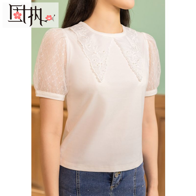 固执夏季新款欧式复古圆领短袖t恤女装10822TX07442蕾丝百搭时尚