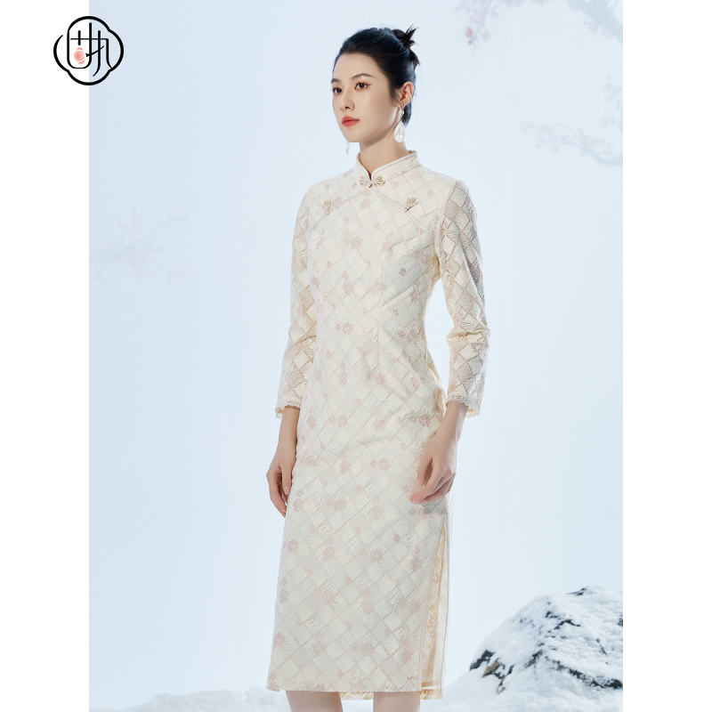 【诗语专属】固执中式蕾丝格子长袖改良中长款旗袍裙8309
