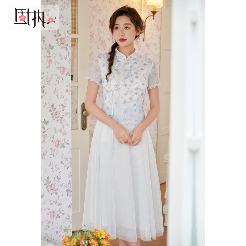 固执夏款女新款中式复古蕾丝网纱中长连衣裙32432LQ08046