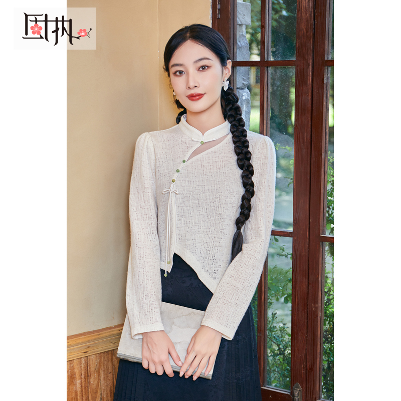 固执秋季新款中式立领针织衫长袖短上衣女装80133SY08488