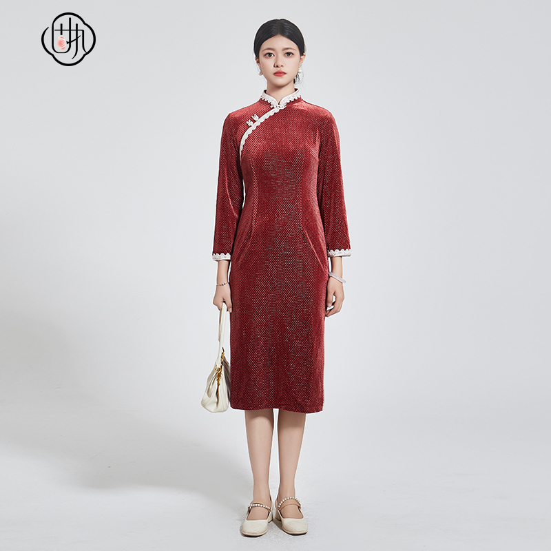 【芊芊专属】固执中长款丝绒葱线长袖旗袍22413QP06778气质