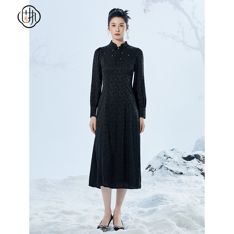 【诗语专属】固执中式立领提花长袖中长款连衣裙00033LQ08328