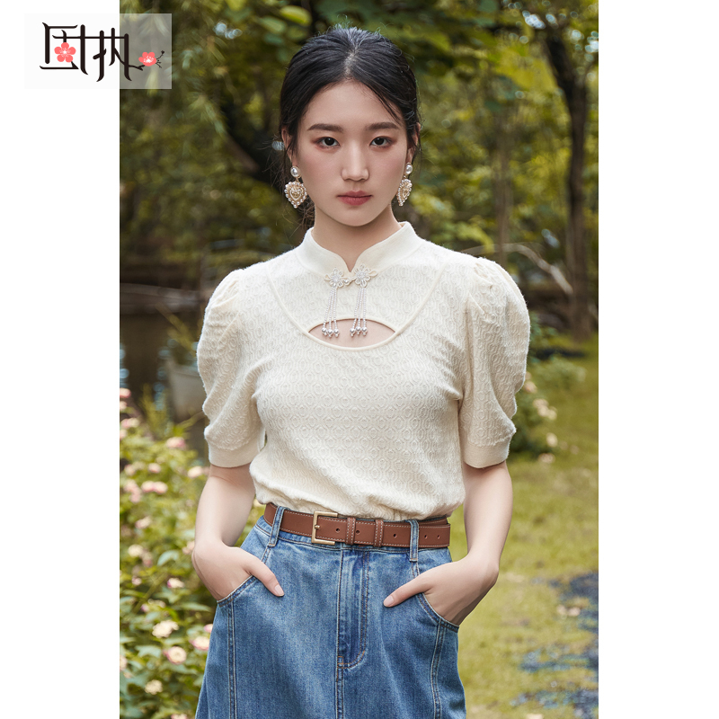 固执秋季新款中式立领流苏短袖针织衫毛衣女装80133MY08439