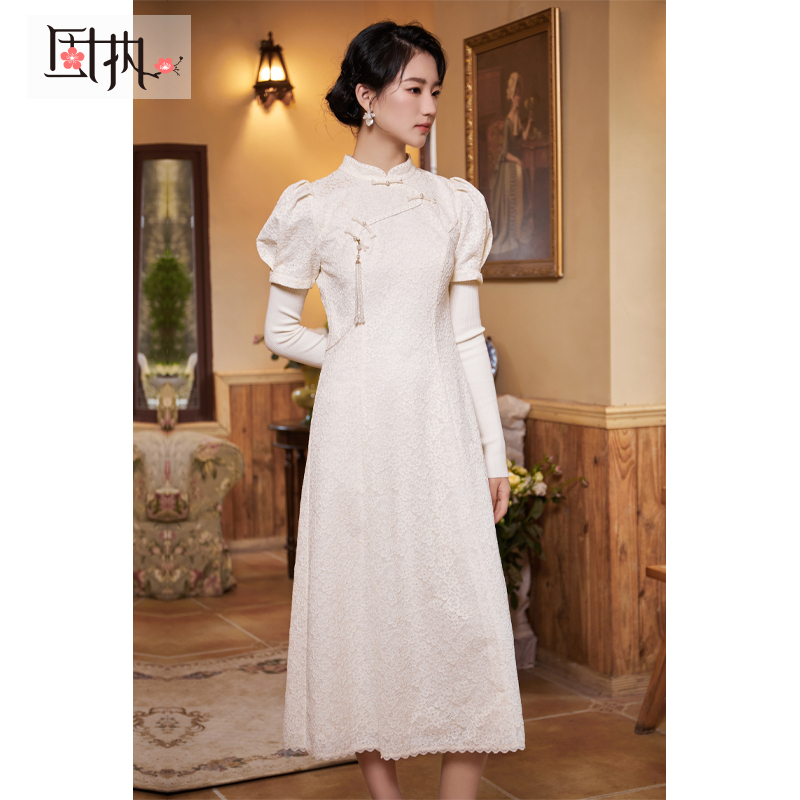 固执秋季新款中式立领蕾丝长袖中长款连衣裙80133LQ08353