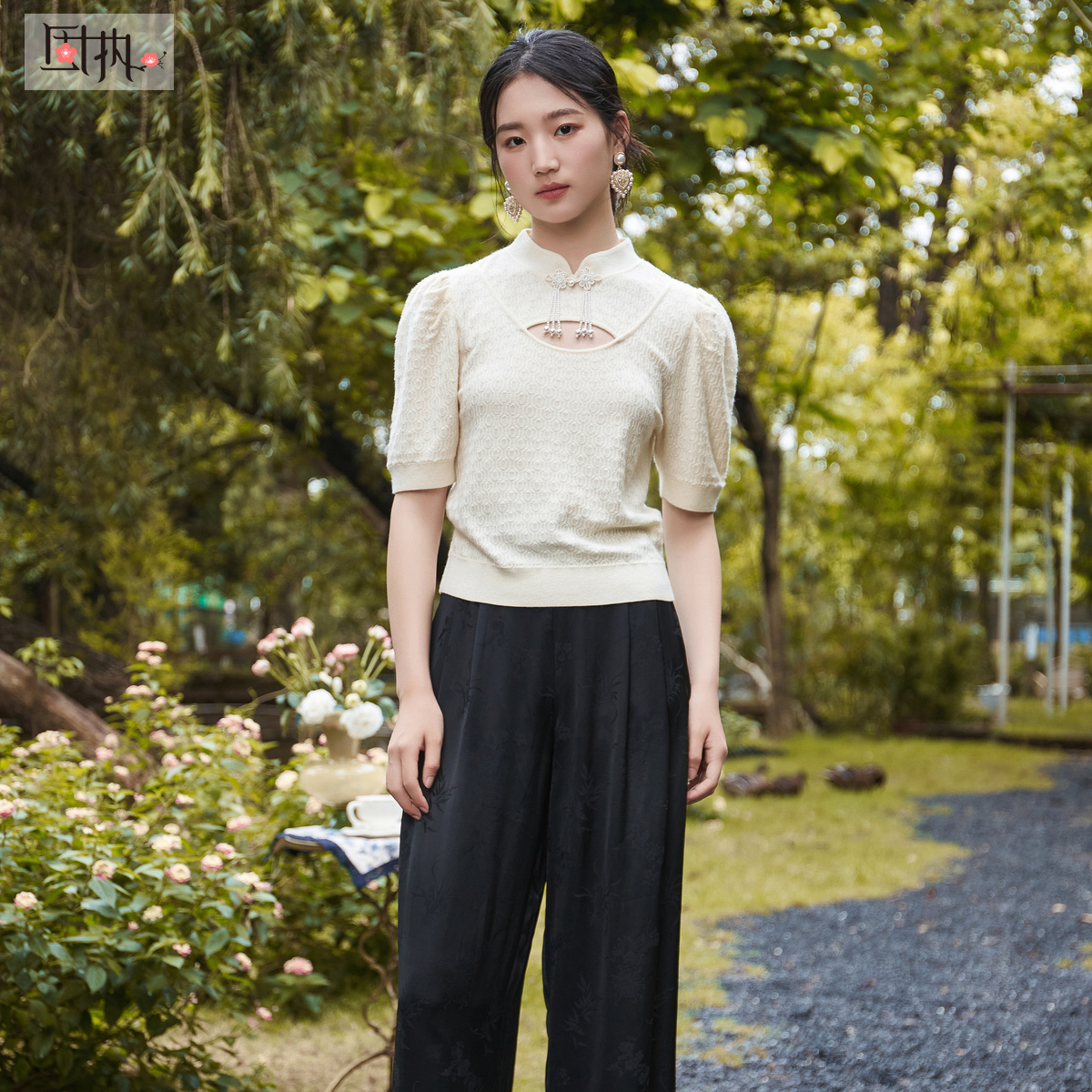 【诗语专属】固执秋季新款中式提花直筒阔脚裤女00033KZ08364