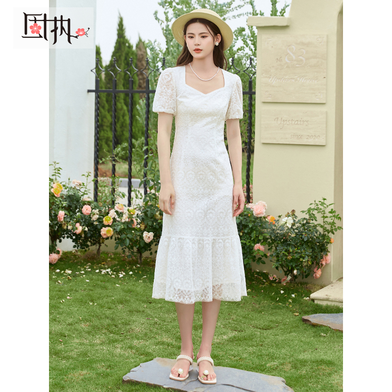 固执夏款女新款欧式短袖中长款蕾丝连衣裙10832LQ07995气质复古
