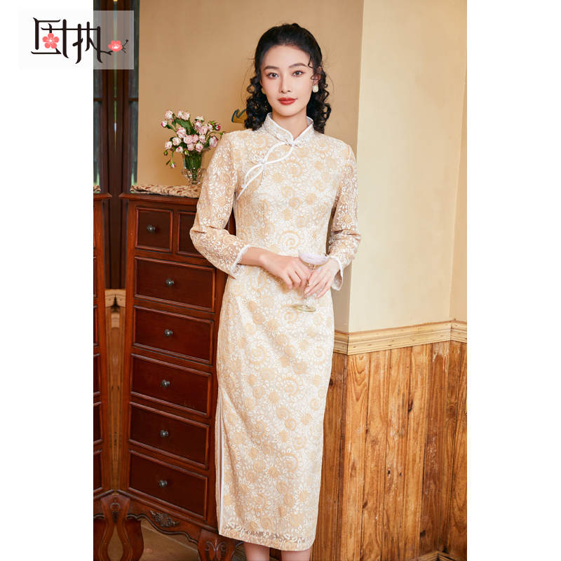 固执秋季新款中式蕾丝中长款改良长袖旗袍裙80133QP08379