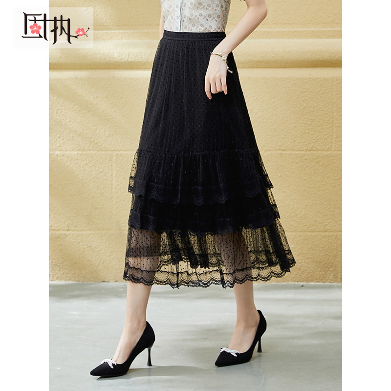 固执夏季新款时尚气质网纱蛋糕中长款蕾丝半身裙00022BQ07340