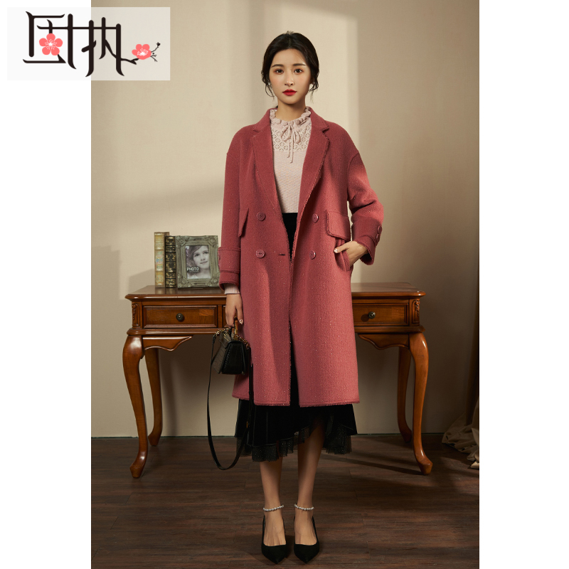 【诗语专属】固执秋冬翻领双排扣外套双面毛长款大衣21804MT06029