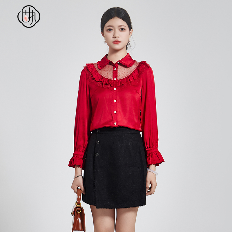 固执秋冬娃娃领拼接网纱长袖衬衫女97613CS06773