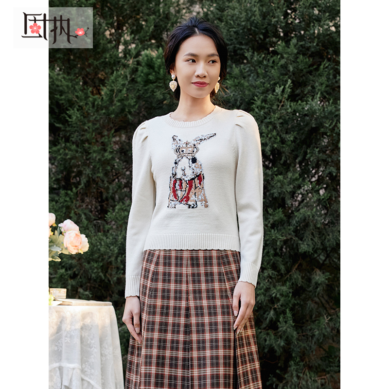 固执春季新款圆领提花泡泡袖毛衣80131MY07954上衣百搭套头长袖