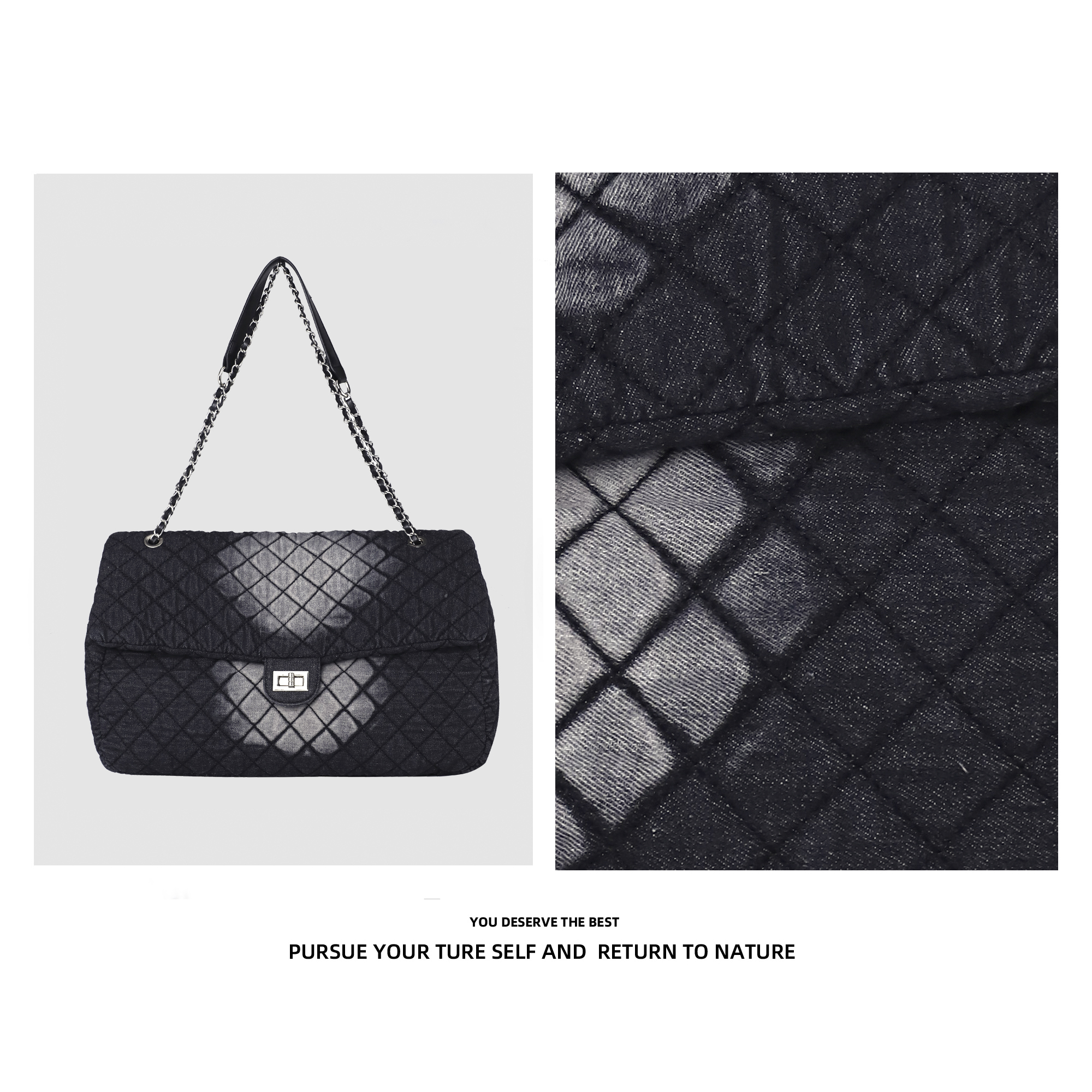 水洗牛仔流浪包菱格链条包小香风2025新款百搭大容量单肩包