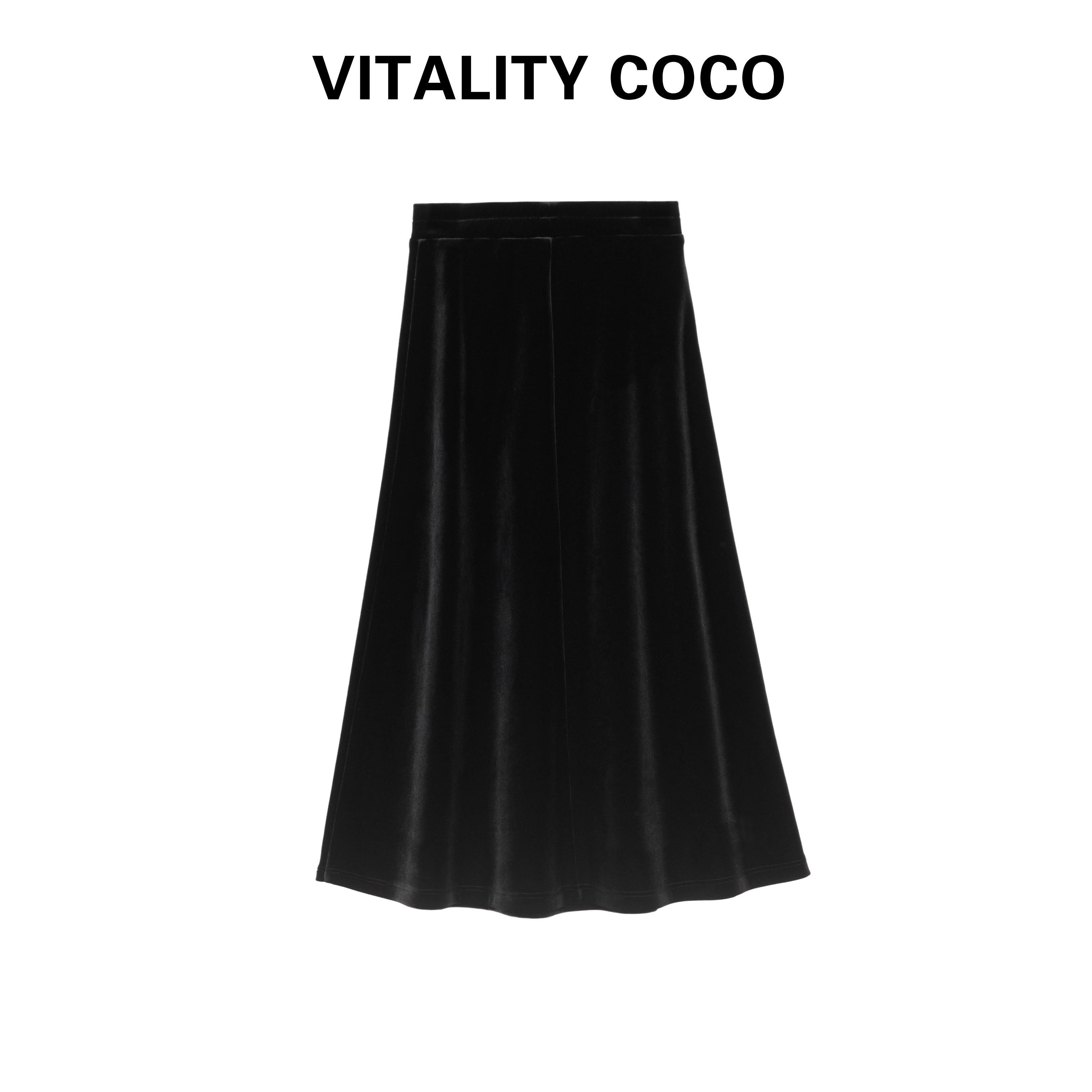 「VITALITY COCO」 【贵妇裙】百搭黑色丝绒中高腰加绒半身裙-1002